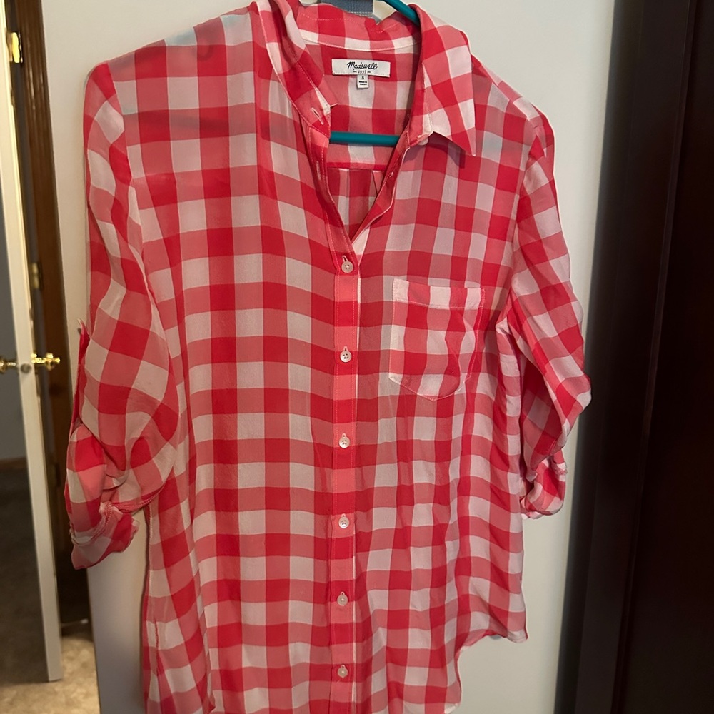 Coral and White Gingham Button-Up Shirt Madewell Size S